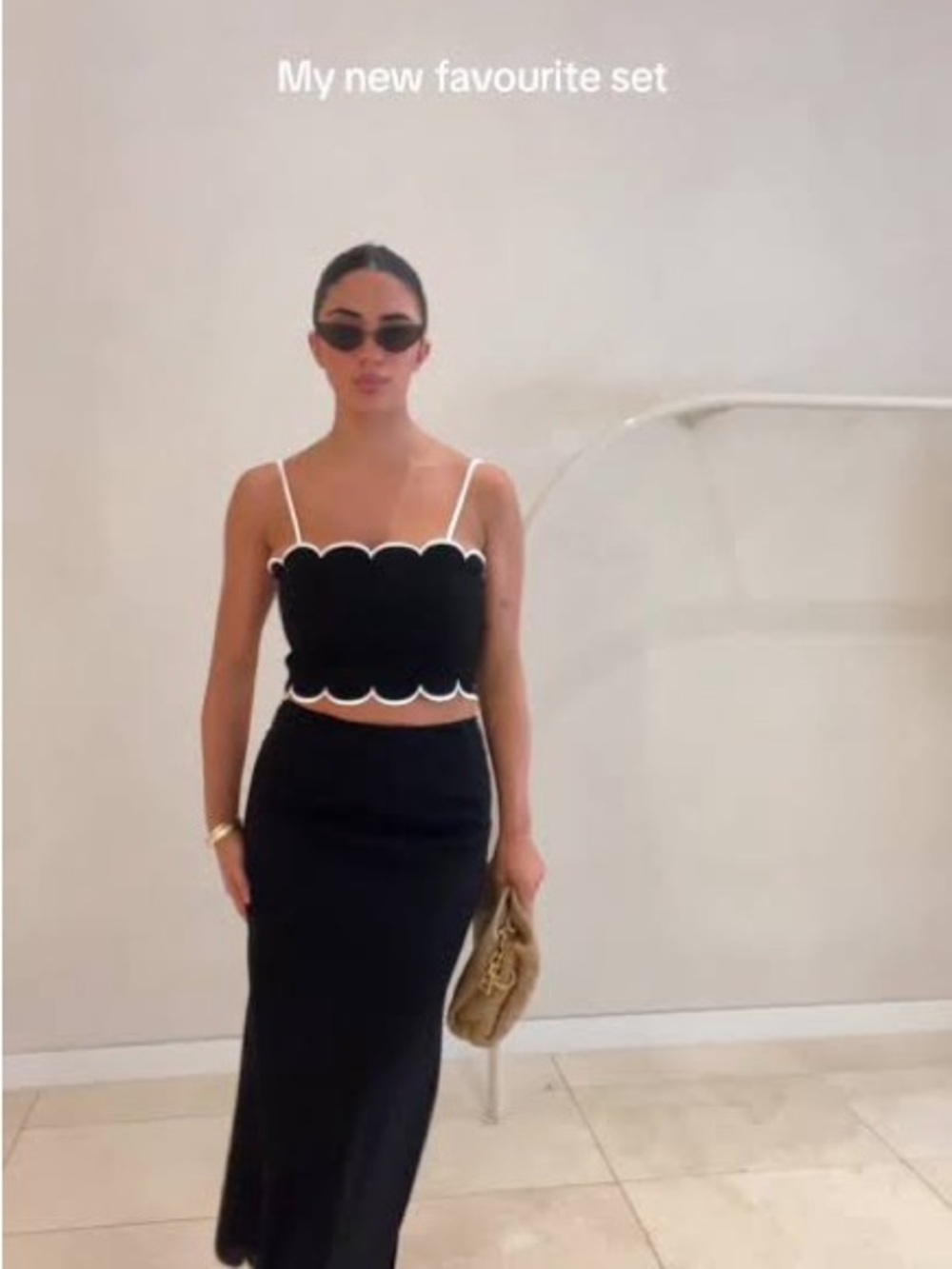 Wayf Black Scallop Trim Skirt Set with White Piping
